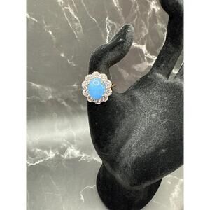 Vintage STS 925 Overlay Aquamarine Turquoise Gemstone Ring Cocktail Ring Sz 8